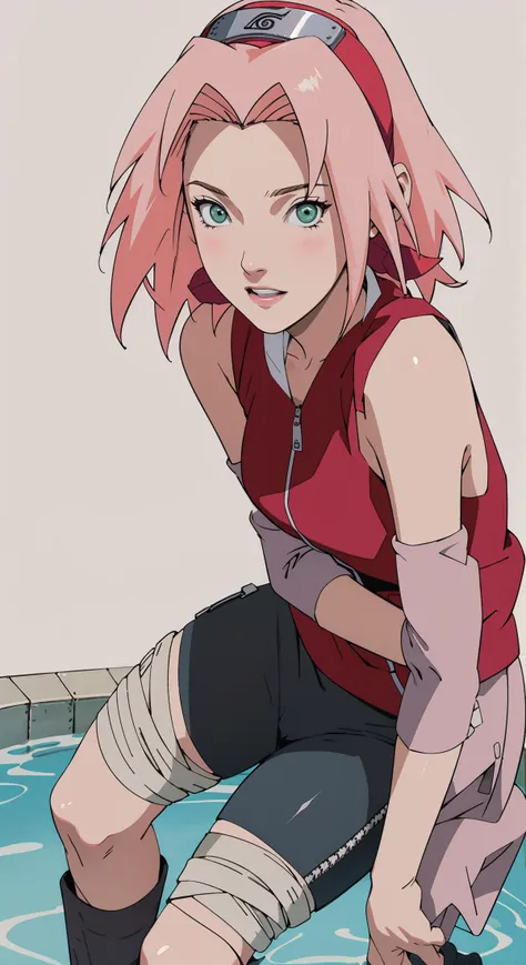 masterpiece, best quality, high-resolution, full body, from below,
cowboy shot, standing, arms at sides, simple background, white background, wading pool, flower, 
NARUTO_Sakura_Combat_ownwaifu,
1girl, haruno sakura, short hair, pink hair, green eyes, hair intakes, collarbone, forehead protector, headband, red hairband, konohagakure symbol,
bare shoulders, bandages, sleeveless jacket, red jacket, bike shorts, black shorts, leg wrap, bandaged leg, elbow pads, zipper, zipper pull tab,
<lora:NARUTO_SakuraHaruno_ownwaifu:0.9> ,