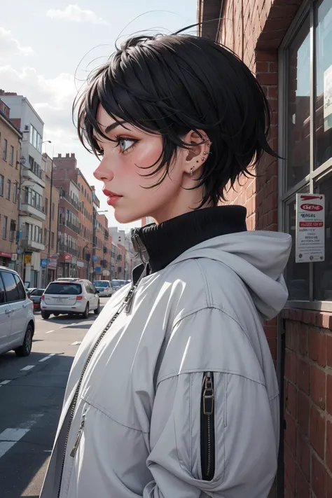 1girl, (tomboy:1.5), black hair, messy hair, grey eyes, residential area, crew neck, crew cut, unzipped jacket, piercing, from side, outdoors,
masterpiece, best quality, <lora:breastsizeslideroffset:0.4> <lora:weight_slider_v2:0.3> <lora:age_slider_v6:1>, <lora:skin_slider_v1:0.5>