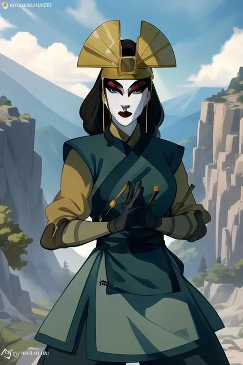 <lora:Kyoshi:0.8>, kyoshi, green eyes, makeup, eyeshadow, red lips, helmet, headdress, neutral expression, cowboy shot, green dress, gloves, black gloves, mountain