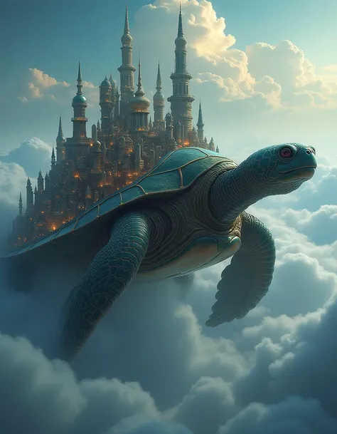 A labyrinthine city built on the back of a massive turtle that swims through the clouds. The buildings are made of glass and bronze, with bridges and walkways connecting them as the turtle drifts through an endless sky of glowing stars.