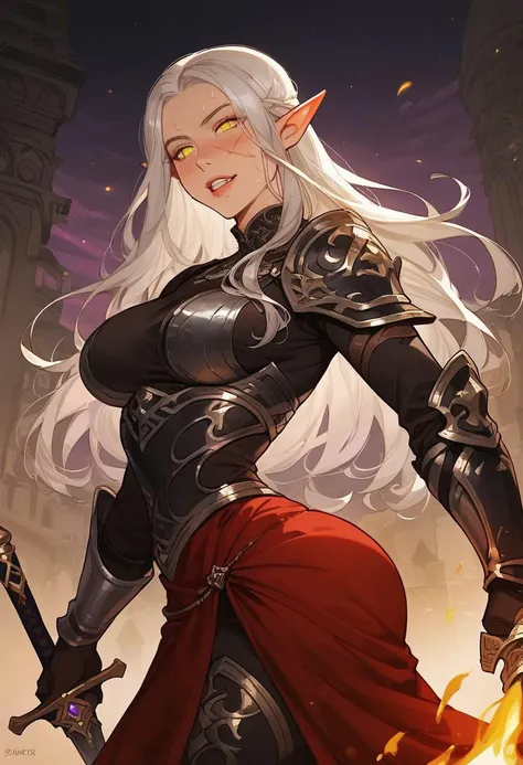 ((best quality)), (detailed), 1 women big pornstar heavy knight armor, 8k_wallpaper, extremely detailed eyes, (large masterpiece digital art), (intricate details:1.3 ), (ultra-detailed:1.3), (sharp focus:1.3), (natural lighting:1.05), (vivid colors:1.3), (best quality:1.4), expressive eyes, full body, detailed face, beautiful face, perfect face, ((hair sandy white curls)), ((gold horns)), (gold eyes), {{dark skin}}, ({dark skinned female}), big breasts, huge chest, big wide ass, powerful relief muscles of the abdomen and legs, powerful strong muscles of the arms, belly piercing with blue emeralds, cruel predatory and cold-blooded arrogant look and smile, an open red coat with rolled up sleeves, a translucent blue crop top very clear outlines of huge pointed nipples with large piercings under the fabric, steel combat pauldrons, steel bracers and leather gloves, leather shorts under which I can see the clear outlines of a big vagina, walks along the path against the backdrop of a ruined elf village and flowering vines and wild forests, style fantasy and adventure world,