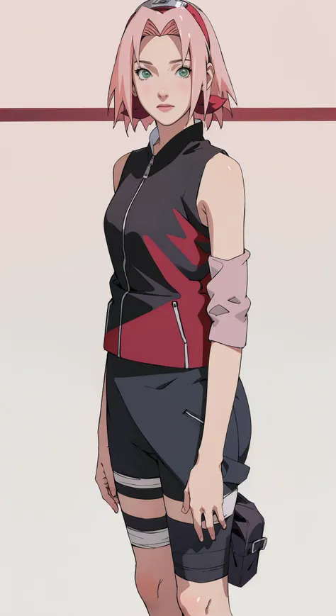 masterpiece, best quality, high-resolution, full body, from below,
cowboy shot, standing, arms at sides, simple background, white background, wading pool, flower,
NARUTO_Sakura_Combat_ownwaifu,
1girl, haruno sakura, short hair, pink hair, green eyes, hair intakes, collarbone, forehead protector, headband, red hairband, konohagakure symbol,
bare shoulders, bandages, sleeveless jacket, red jacket, bike shorts, black shorts, leg wrap, bandaged leg, elbow pads, zipper, zipper pull tab,
<lora:NARUTO_SakuraHaruno_ownwaifu:0.9> ,