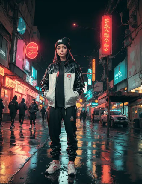 ((best quality)), ((masterpiece)), intricately detailed, cyberpunk, futuristic city, night city, neon, 1girl, rain, puddles, portrait, sweatpants, open jacket, beanie, white sneakers, hands in pockets, cowboy shot