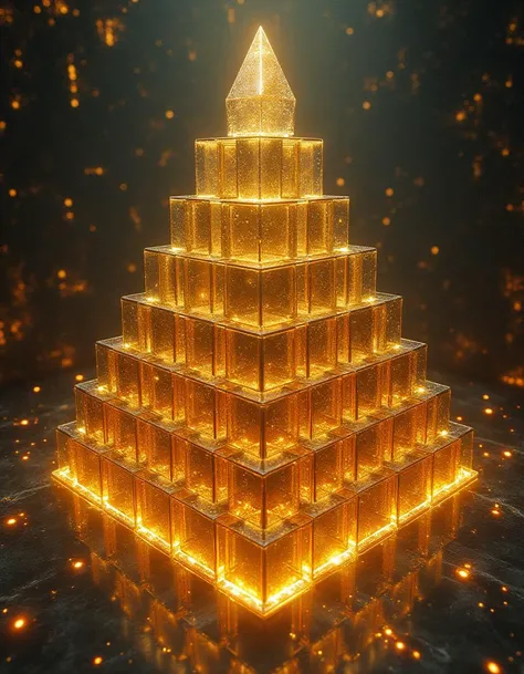 A pyramid built from rotating cubes of gold and crystal, each one shifting and rearranging constantly. Inside, a labyrinth of mirrors reflects endless versions of the universe, while glowing runes flicker on the walls.