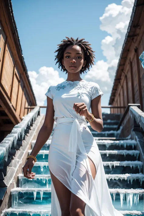 brown skin, (icy:1.4), depth of field, floral, smooth, parted clouds and an infinite golden staircase, over exposure, African girl