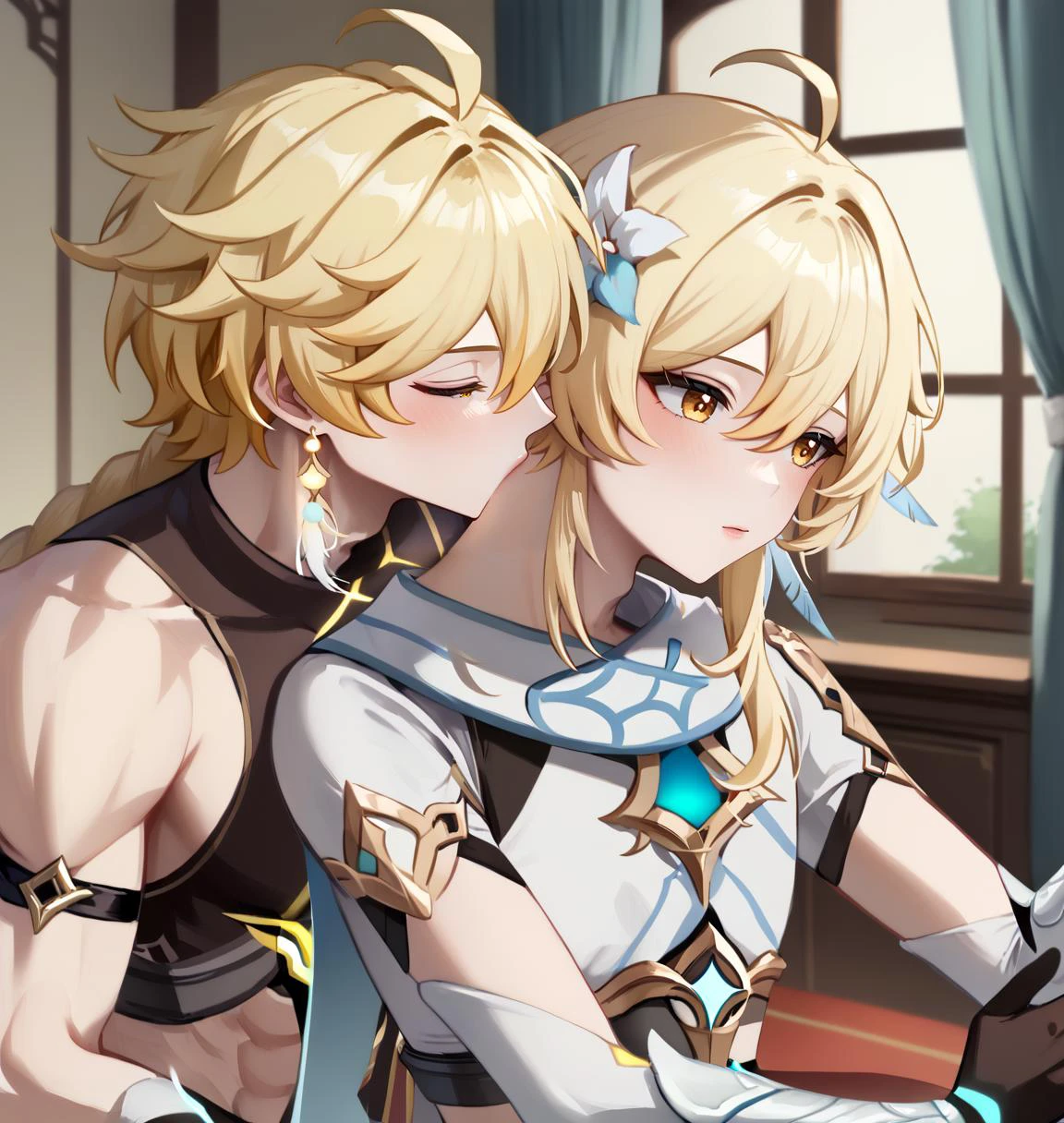 score_9,score_8_up,score_7_up BREAK, (((kissing Neck, <lora:kissingNeckPonydora_v10:1>))), <lora:lumine:0.5>, super detail, ultra quality 16k, eye detail, hair detail, 1girl, blonde hair, hair ornament, top, thighhighs,hair, between eyes, yellow eyes, flower, lumine (genshin impact), room, 1 boy <lora:AetherPDXLep21:0.6> aether \(genshin impact\), male, blonde hair, yellow eyes, ahoge, bangs, single braid, hair between eyes, <lora:Concept Art Ultimatum Style LoRA_Pony XL v6:1> concept art, digital art, realistic,