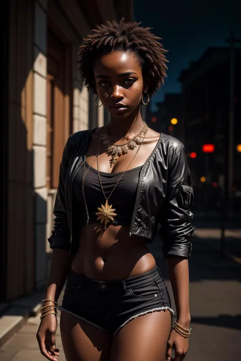 masterpiece, best quality, ultra high res, 1 dark skinned African girl, (fractal art:1.3), deep shadow, dark theme, fully clothed, necklace, forlorn, cowboy shot<lora:add_detail:1>