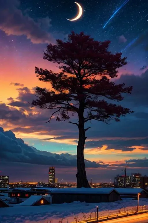 aurora, building, city, city lights, cityscape, cloud, cloudy sky, constellation, crescent moon, dark, dusk, galaxy, gradient sky, horizon, light particles, milky way, moon, night, night sky, no humans, outdoors, planet, scenery, shooting star, sky, skyline, skyscraper, snowing, space, star \(sky\), star \(symbol\), starry sky, starry sky print, sunset, tree, twilight