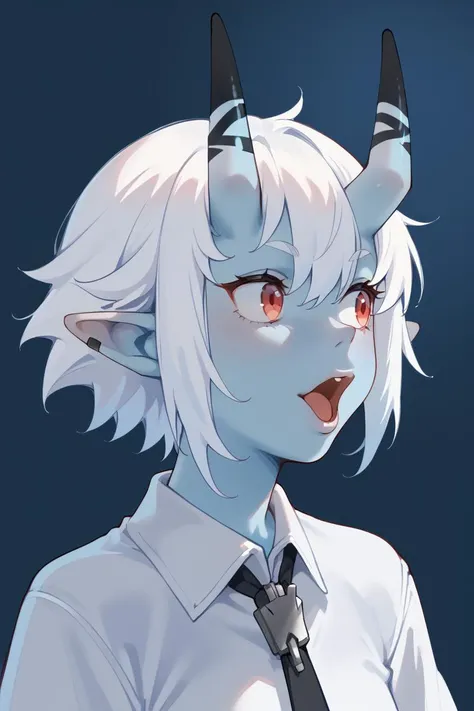 zPDXL2, score_9, score_8_up, score_7_up, source_anime, 1girl, solo,portrait
<lora:cangjiao-pony-Tanger:0.8>, cangjiao, horns, colored skin, pointy ears, red eyes, white shirt, blue skin, black necktie, white hair,
cowboy shot,
<lora:pgfc_pdxl_EliPot:1>, pog, open mouth, portrait, looking to the side,
