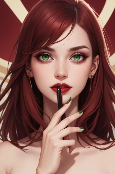 photo of 30yo psycho woman, pale skin, expensive dark-red glossy-lipstick, expensive cateyes makeup, dark red hair, green eyes, perfect hands with red glossy manicure, hyperrealistic, masterpiece, uhd, 16k, intricate details