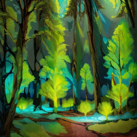 xlomrblng forest, vivid bioluminescent trees <lora:xlomrblng:1>