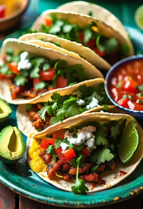 vibrant, colorful plate of (delicious tacos:1.3) with (fresh ingredients:1.2), (salsa:1.1), (avocado:1.2), and (cilantro:1.1), street food setting, (warm sunlight:1.2), inviting atmosphere, by (David Loftus:1.4), food photography, rich textures, high detail, appetizing presentation, trending on Instagram.