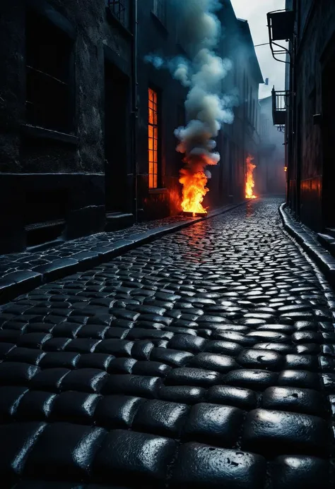 Experienced the ruins of a city devastated by artillery fire, Run-down streets, Collapsed buildings, A doomsday scene, the sky with clouds, Corpses experiencing fire, Scavengers, Burning car, nigth, at midnight, dimly lit, Expressionism, Verism, chiaroscuro, cinematic lighting, film grain, wide shot, panorama, UHD, high details, super detail, masterpiece