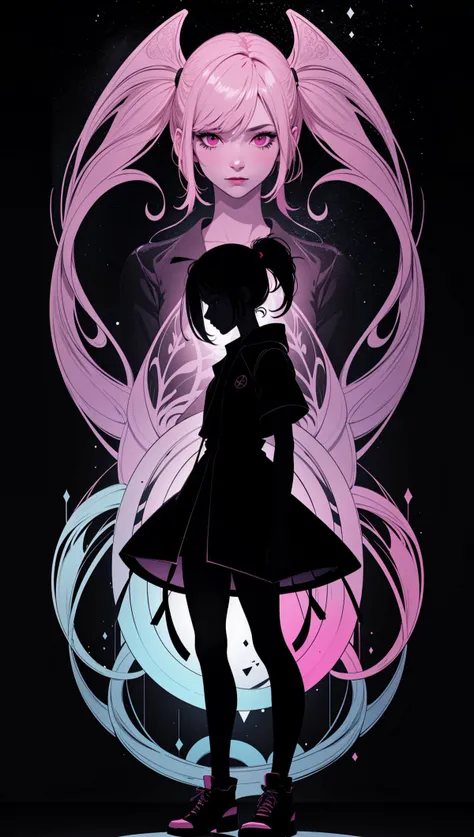 (silhouette:1.25),woman,dark background,blacklight,mid shot,full body,somber expression,looking down,dark energy,vibrant magenta,portal to another world,flat color,flat shading,ultra realistic,highres,superb,8k wallpaper,extremely detailed,intricate,limited palette,pink,