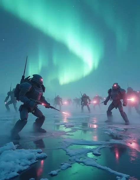A battle between two armies of robots on a frozen lake, their weapons made of light and sound. The ice cracks and shatters beneath their feet, while auroras dance overhead, casting shifting shadows on the battlefield.