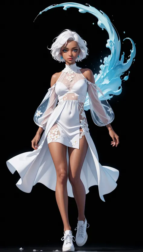 a woman with white hair and blue eyes,in a white dress with a black background and a splashs of paint all over,Celestial Skin,dark skin,flower-pattern,see-through white dress,black under cloths,facing viewer,hair blowing in the wind,white shoes,fantasy,white fires all over,