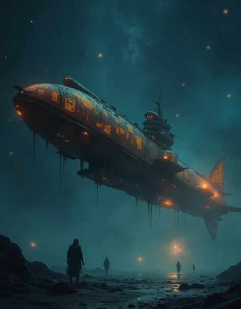 A haunted spaceship drifting through the void, its walls covered in glowing glyphs that pulse with an eerie light. Ghostly figures float through the halls, while the stars outside flicker and warp like a dying flame.