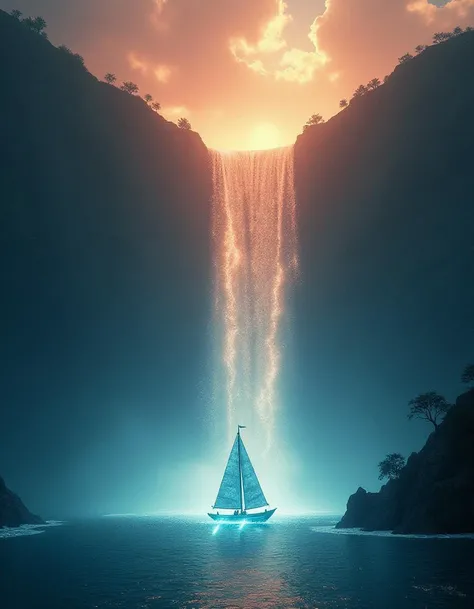 An endless waterfall of glowing liquid metal pouring from a rift in the sky, flowing into a floating ocean of pure energy. Boats made of translucent crystal sail across the surface, leaving trails of light in their wake.