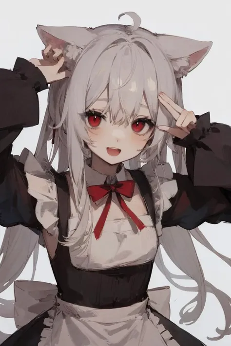 <lora:LvdougaoSomeSortOf_v10:1>, masterpiece, best quality, simple background, cinematic_lighting, upper body, puppy ears, white hair, red eyes, maid, :D