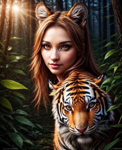 an epic game illustration,a beautiful enchanted young woman littlebit mixed tiger,with tiger nose features on the face,in a winter forest,illuminated by sunbeans,back lights,colorful,perfect real face,natural eyes,perfect photo,UHD,ultra high res, ultra Detailed, trending on artstation, professional dramatic lighting ,glossy, analog style