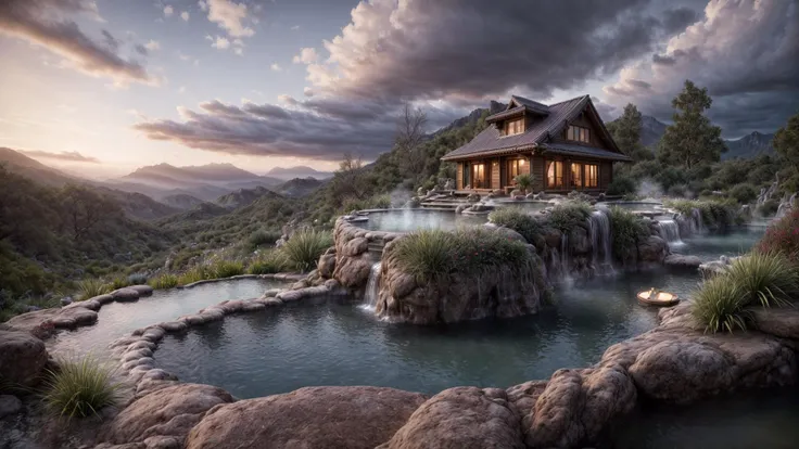 Unparalleled masterpiece, (photorealistic:1.4), best quality, beautiful lighting, (hot spring), (extremely detailed CG unity 8k wallpaper), full shot landscape photo of the most beautiful artwork in the world, cloudy sky background lush landscape house and trees illustration concept art