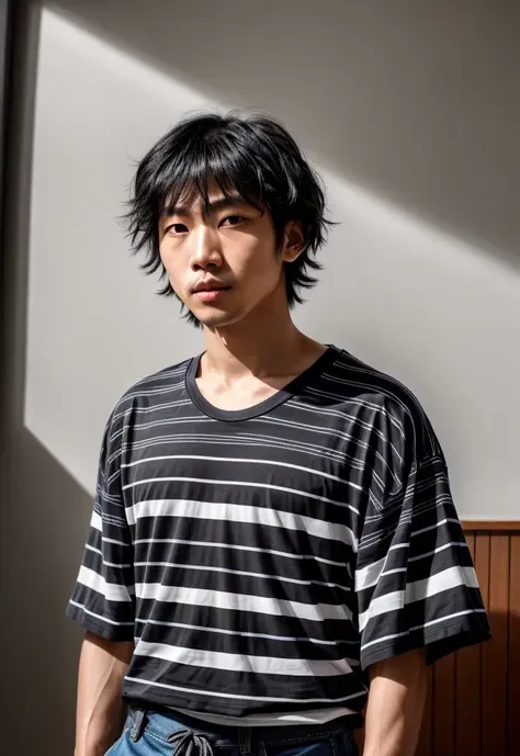 ((best quality, raw photo, 8k, photorealism)), ((masterwork:1.7)), (hyperdetailed, hyperrealistic:1.5), (Rembrandt lighting), Japanese male, loose black hair, perfect face, perfect body, wearing a summer striped t-shirt, indoors, full-body, headshot, closeup, (natural lighting), ring lighting, dramatic, ((perfect shadows:1.2)), intricate details, (detailed eyes), beautiful