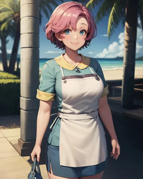 best quality, (masterpiece:1.2), illustration, absurdres,
(1girl), (solo), (beautiful detailed girl), cowboy shot,
<lora:LinaCrawford-000008:0.9>, Lina Crawford, short hair, pink hair, blue eyes, medium breasts,
green shirt, white apron, blue skirt, blue shoes,
looking at viewer, smile,
on a tropical island, palm trees, sand, beach,