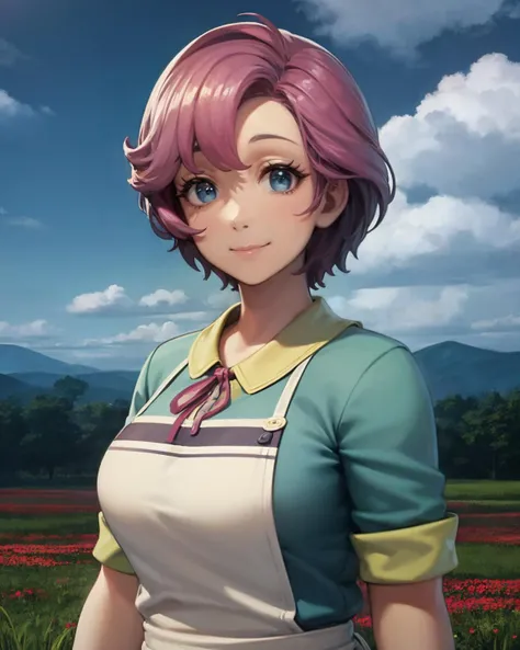 best quality, (masterpiece:1.2), illustration, absurdres, 
(1girl), (solo), (beautiful detailed girl), (upper body, portrait),
<lora:LinaCrawford-000008:0.9>, Lina Crawford, short hair, pink hair, blue eyes, medium breasts, 
green shirt, white apron, blue skirt, blue shoes,
looking at viewer, smile,
on a field full of red flowers, sky, clouds, distant mountains,