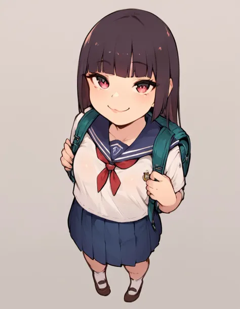 <lora:WhomperFruit XL:1>, 1girl, school uniform, full body, petite, white socks, looking at viewer, looking up, hime cut, backpack, simple background, standing, from above, smug, score_9, score_8_up, score_7_up, score_6_up, score_5_up, score_4_up, BREAK