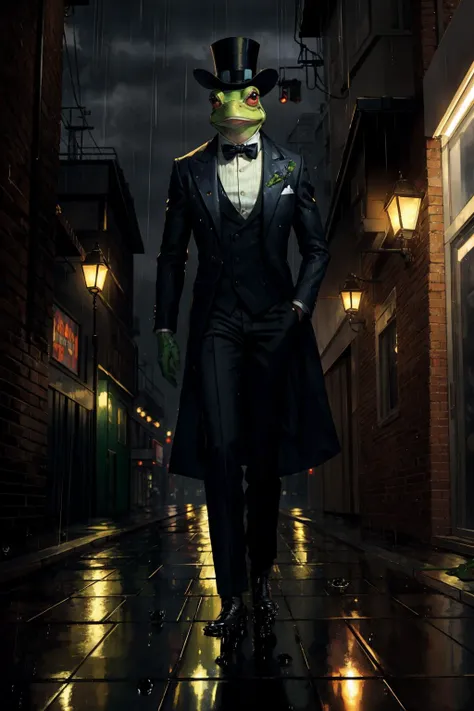 [(colorful,  vibrant,  neon cyberpunk:1.40) ::0.20],  (masterpiece:1.40),  (athro,  anthropomorphic,  frog,  wearing a top hat,  in a suit),  [green eyes: angry expression: 0.60],  [sophisticated demeanor: stern look: 0.70],  [wednesday frog: dapper: 0.90],  (gentleman:1.20),  (wednesday frog:0.80),  (gentleman:0.70),  [stylish deity: toad philosopher: 0.50],  [english gentelman: cyberpunk attire: 0.40],  (detailed toad:1.30),  (stern gaze:0.90) BREAK [dark alley: cyberpunk cityscape: 0.80],  (city lights:1.25),  (rainy atmosphere:0.70),  (futuristic background:1.10),  [city skyline: neon signs: 0.90],  [foggy ambiance: cinematic illumination: 0.60],  (reflective surface:1.20),  (raindrops:1.30),  (color splash:0.40)