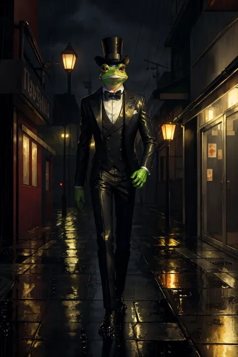 [(colorful,  vibrant,  neon cyberpunk:1.40) ::0.20],  (masterpiece:1.40),  (athro,  anthropomorphic,  frog,  wearing a top hat,  in a suit),  [green eyes: angry expression: 0.60],  [sophisticated demeanor: stern look: 0.70],  [wednesday frog: dapper: 0.90],  (gentleman:1.20),  (wednesday frog:0.80),  (gentleman:0.70),  [stylish deity: toad philosopher: 0.50],  [english gentelman: cyberpunk attire: 0.40],  (detailed toad:1.30),  (stern gaze:0.90) BREAK [dark alley: cyberpunk cityscape: 0.80],  (city lights:1.25),  (rainy atmosphere:0.70),  (futuristic background:1.10),  [city skyline: neon signs: 0.90],  [foggy ambiance: cinematic illumination: 0.60],  (reflective surface:1.20),  (raindrops:1.30),  (color splash:0.40)