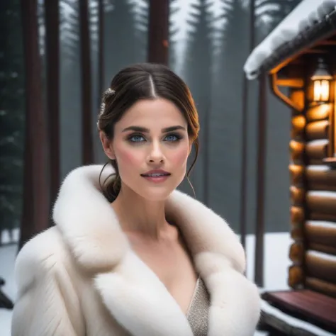 <lora:amandapeet_sdxl_resized:1> amandapeet updo hair style, a close up art style photo, (30 year old woman) , (white fur coat), winter, (snow covered trees, rocky mountains), (fog), (log cabin), evening, 24mm, 4k textures, soft cinematic light, adobe lightroom, photolab, hdr, intricate, elegant, highly detailed, sharp focus, ((((cinematic look)))), soothing tones, insane details, intricate details, hyperdetailed, low contrast, soft cinematic light, exposure blend, hdr,