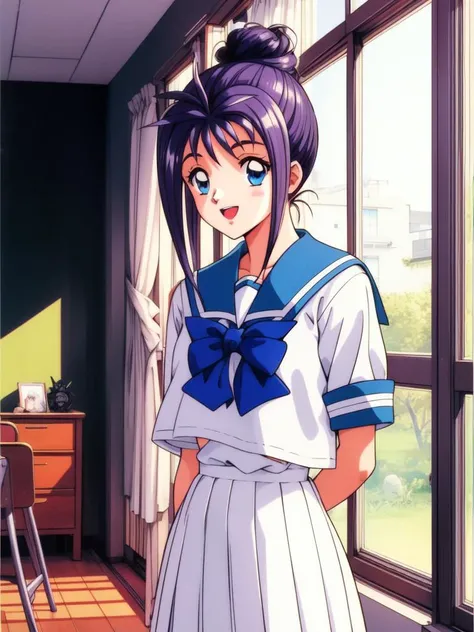 <lora:KatagiriAyako:0.8> KatagiriAyako, 1girl, solo, 1990s (style), smile, retro artstyle, single hair bun, blue_school uniform, hair bun, purple hair, blue eyes, bow, sailor collar, open mouth, cowboy Shot,
school in the room,
masterpiece, high quality, very_high_resolution, large_filesize, full color,
