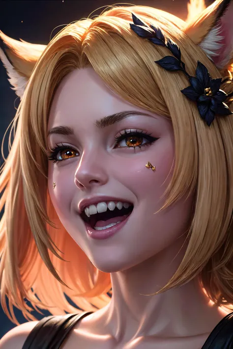 (detailed face and eyes:1.3),1girl,laughing, visible teeth, detailed teeth,
<lora:Hecate:1>,hecate,orange eyes,blonde hair,fox ears,cat eyes,black dress,ahoge,ornaments,long hair,hekate_(granblue_fantasy),
Ultra-detail,(highres:1.1),best quality,(masterpiece:1.3),cinematic lighting,