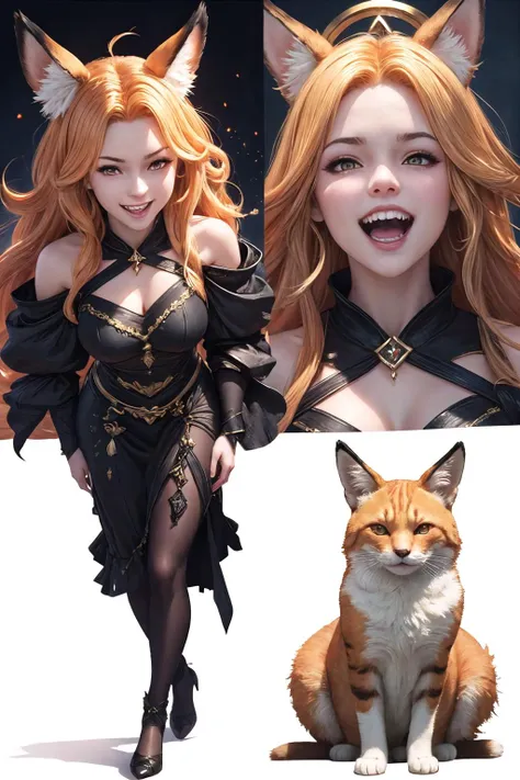 (detailed face full body and eyes:1.3),1girl,laughing, visible teeth, detailed teeth,
<lora:Hecate:1>,hecate,orange eyes,blonde hair,fox ears,cat eyes,black dress,ahoge,ornaments,long hair,hekate_(granblue_fantasy),
Ultra-detail,(highres:1.1),best quality,(masterpiece:1.3),cinematic lighting,
