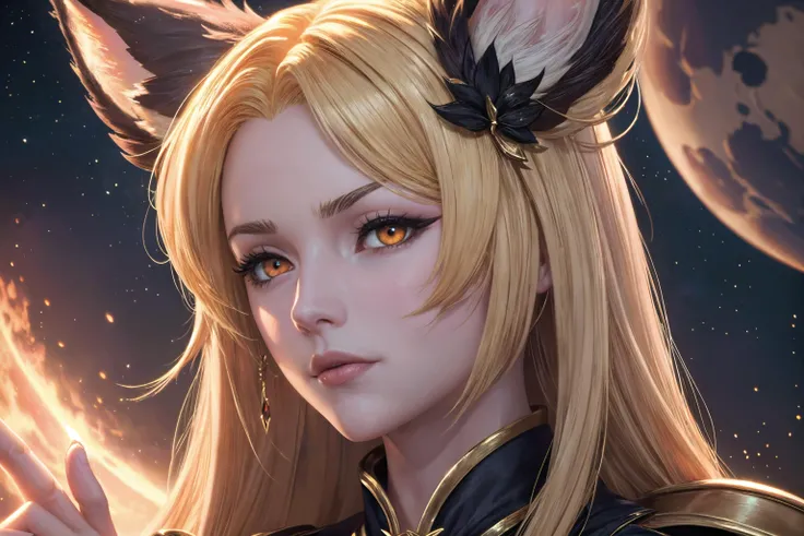 (detailed face and eyes:1.3),full body,1girl,
(<lora:Hecate:1>,hecate,orange eyes,blonde hair,fox ears,cat eyes,black dress,ahoge,ornaments,long hair,hekate_(granblue_fantasy):1.2),
Celestial Court, A magnificent palace floating among the stars, home to celestial beings and the seat of cosmic governance,pained,palm-fist greeting,
Ultra-detail,(highres:1.1),best quality,(masterpiece:1.3),cinematic lighting,