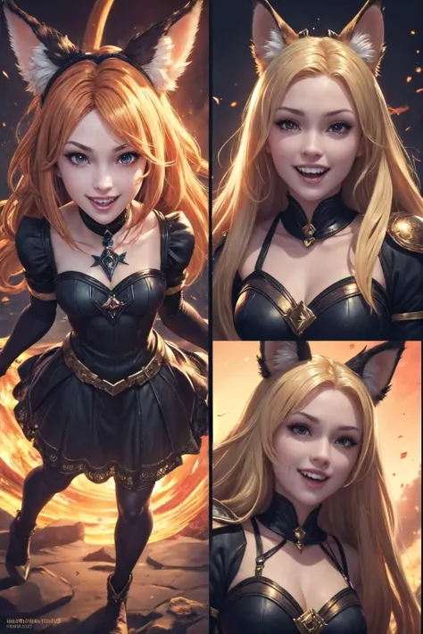 (detailed face full body and eyes:1.3),1girl,laughing, visible teeth, detailed teeth,
<lora:Hecate:1>,hecate,orange eyes,blonde hair,fox ears,cat eyes,black dress,ahoge,ornaments,long hair,hekate_(granblue_fantasy),
Ultra-detail,(highres:1.1),best quality,(masterpiece:1.3),cinematic lighting,