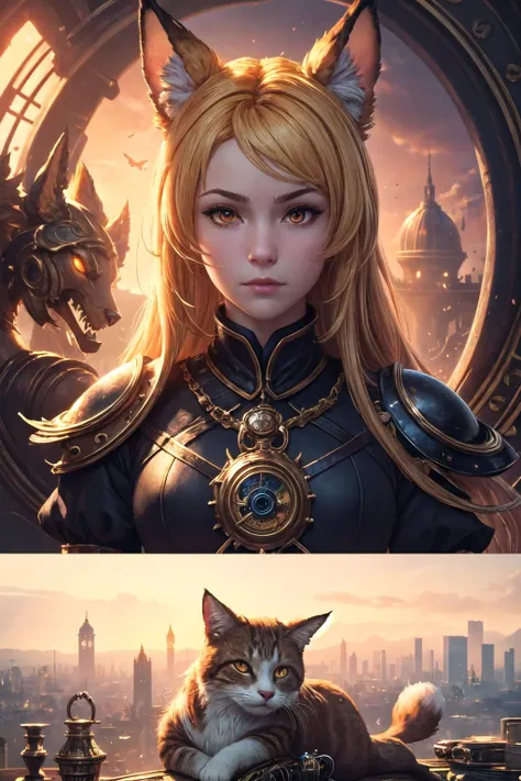 (detailed face and eyes:1.3),full body,1girl,
(<lora:Hecate:1>,hecate,orange eyes,blonde hair,fox ears,cat eyes,black dress,ahoge,ornaments,long hair,hekate_(granblue_fantasy):1.2),
Clockwork Wonders, A cityscape filled with intricate clockwork mechanisms, where sentient automatons coexist with curious inventors, all driven by the pursuit of technological marvels,hungry,steepled fingers,
Ultra-detail,(highres:1.1),best quality,(masterpiece:1.3),cinematic lighting,