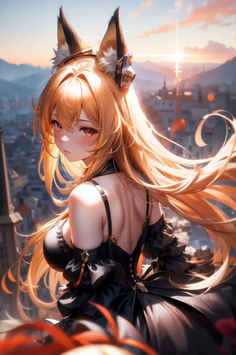 1girl, animal ears, bangs, bare shoulders, black dress, blonde hair, blurry, blurry background, blurry foreground, breasts, building, city, cloud, depth of field, dress, dusk, from behind, hair between eyes, long hair, looking at viewer, medium breasts, orange sky, outdoors, sky, solo, sun, sunrise, sunset, twilight