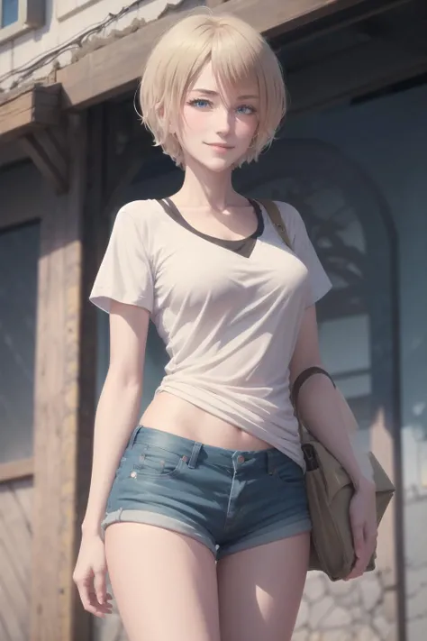 <lora:Akane-14:0.9>, AkaneCT, jean short shorts, tshirt, smile, blush, Ultra-detail, (highres:1.1), best quality, (masterpiece:1.3), cinematic lighting