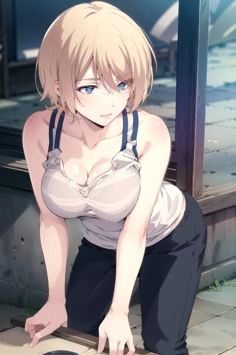 <lora:Akane-14:0.9>, AkaneCT, bent over, leaning forward, cleavage, tank top, shirt pull, pants, best quality, masterpiece, highres