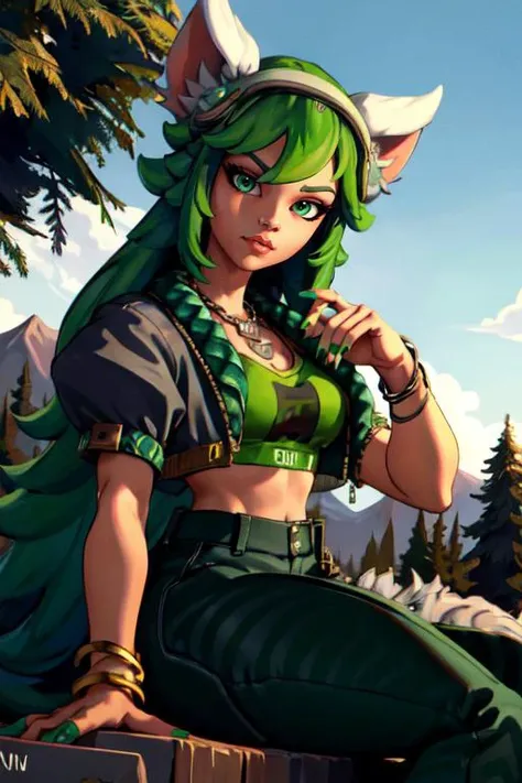 masterpiece,best quality,extreme detail,8k,image sharpness,<lora:io:0.8>, io2,1girl,solo,long hair,breasts,bangs,shirt,animal ears,jewelry,sitting,closed mouth,green eyes,jacket,short sleeves,outdoors,green hair,open clothes,puffy sleeves,pants,artist name,necklace,nail polish,bracelet,open jacket,tree,crop top,chain,ring,goggles,nature,forest,cropped jacket,mountain,green nails,