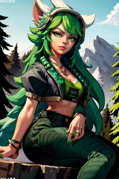 masterpiece,best quality,extreme detail,8k,image sharpness,<lora:io:0.8>, io2,1girl,solo,long hair,breasts,bangs,shirt,animal ears,jewelry,sitting,closed mouth,green eyes,jacket,short sleeves,outdoors,green hair,open clothes,puffy sleeves,pants,artist name,necklace,nail polish,bracelet,open jacket,tree,crop top,chain,ring,goggles,nature,forest,cropped jacket,mountain,green nails,