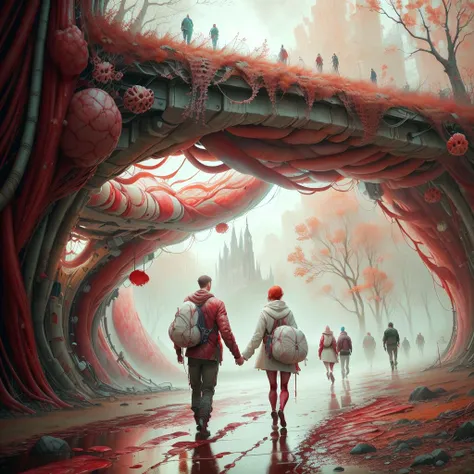 <lora:AnatomicTech-20:1>, AnatomicTech ,blood vessels, scifi , red hair
  a couple walking   in the park, colorful oil painting, vibrant landscape painting, man and woman walking together, romanticism landscape painting, canvas art print, bright depth oil colors, impressionist oil