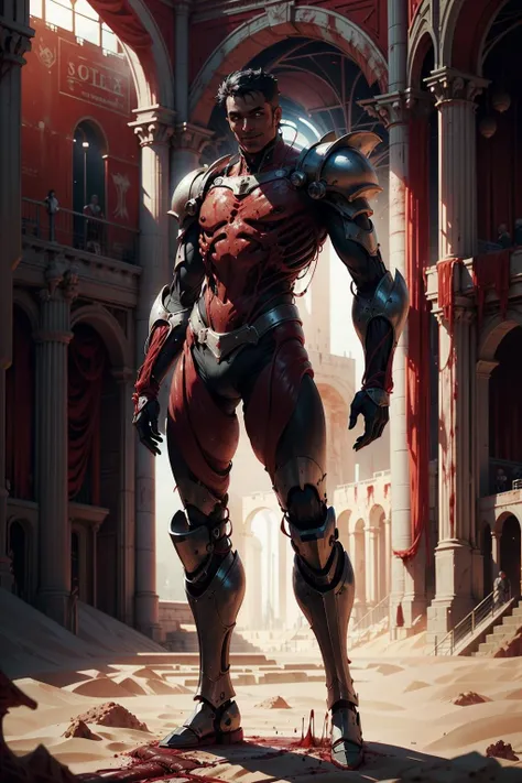 fantasy illustration of a young and handsome ((dark skin)) warrior in crimson scifi AnatomicTech armor, 1man standing over a bloodstain, one arm raised waving hello, black hair and a happy expression, in the sand pit of a gladiator colosseum arena ,<lora:add_details:0>, <lora:AnatomicTech-20:0.8>, full body, dramatic lighting, crowds in the bleachers, blood vessels mecha armor