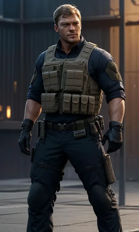 aritch2024, 1man, photorealistic, 8k, uhd, masterpiece, detailed skin, skin pores, intricate, depth of field, full body, raw image, command deck, science fiction, colonial marine, tactical outfit, soldier, tactical vest, bulletproof vest, holster, gloves