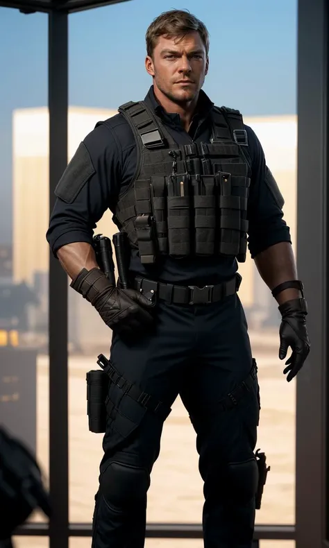 aritch2024, 1man, photorealistic, 8k, uhd, masterpiece, detailed skin, skin pores, intricate, depth of field, full body, raw image, command deck, science fiction, colonial marine, tactical outfit, soldier, tactical vest, bulletproof vest, holster, gloves