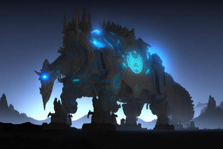 a robot crocodile with glowing blue lights by BOTWbeasts <lora:BOTWbeasts-000003:0.8>, mountain background