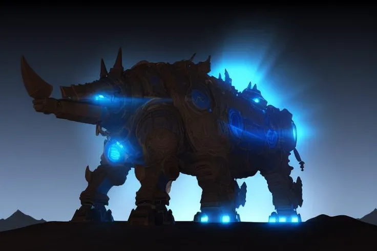 a robot rhino with glowing blue lights by BOTWbeasts <lora:BOTWbeasts-000003:0.8>, mountain background