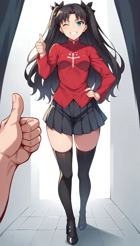<lora:rin-tohsaka-ponyxl-lora-nochekaiser:1> rin tohsaka, aqua eyes, black hair, hair ribbon, long hair, ribbon, sidelocks, two side up, parted bangs, pleated skirt, black thighhighs, black skirt, zettai ryouiki, juicy thighs, skin dentation, hand on hips, thumbs up, winking at viewer, pov, soft smile, wide hips, walking, standing on heels, score_9, score_8_up, score_7_up, score_6_up, score_5_up, score_4_up BREAK